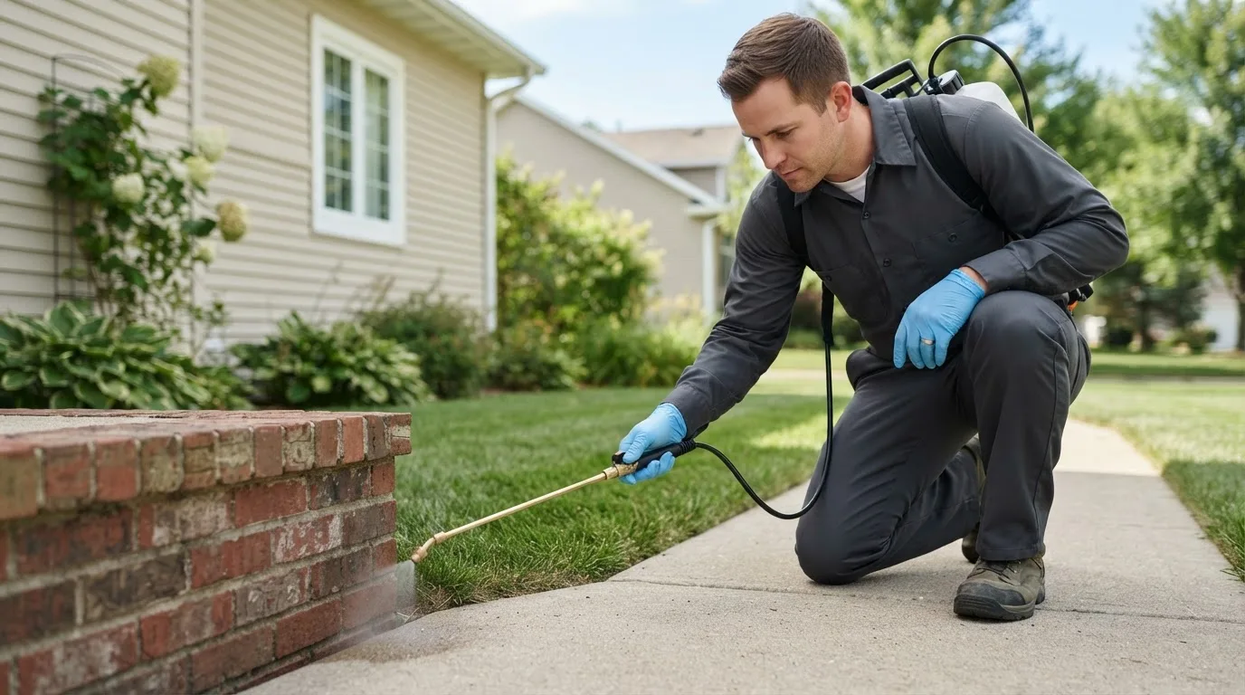 Pest control technician treating a home near Welda, KS